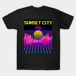 Sunset City Sky Retro Neon Arcade 80s Design T-Shirt